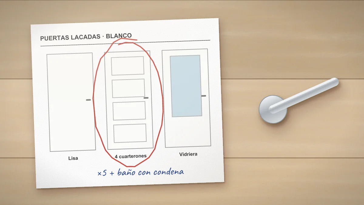 Ficha de catálogo con tres modelos de puerta lacada dibujados y una manilla de acero sobre una mesa de madera