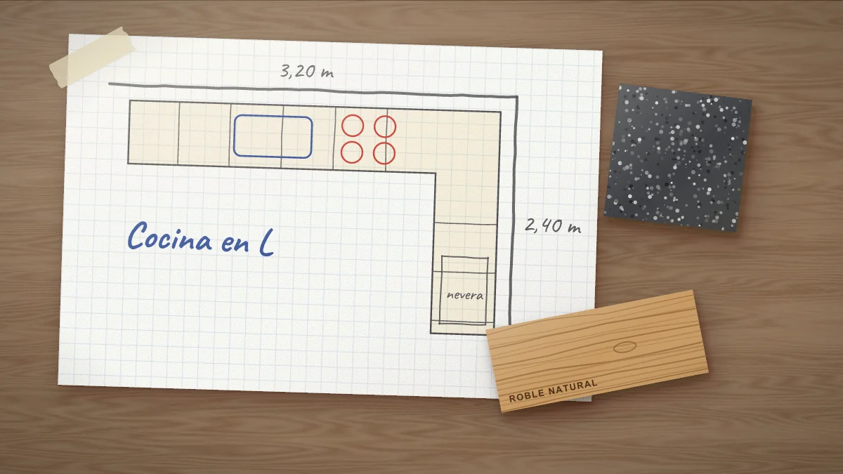 Plano de una cocina en L con muestras de madera de roble y de encimera de piedra sobre la encimera