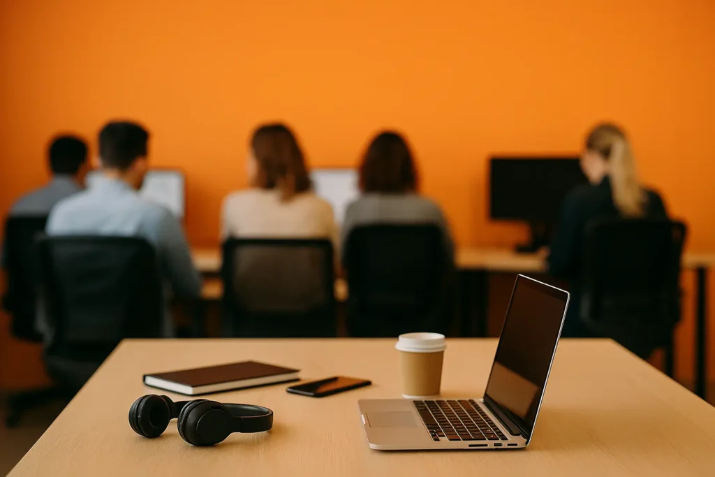 Equipo de oficina trabajando frente a ordenadores de espaldas y desenfocados, con fondo naranja y mesa en primer plano - PROTOP