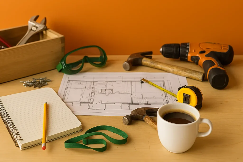 Espacio de trabajo con herramientas de construcción, planos y una taza de café, representando el inicio de una reforma