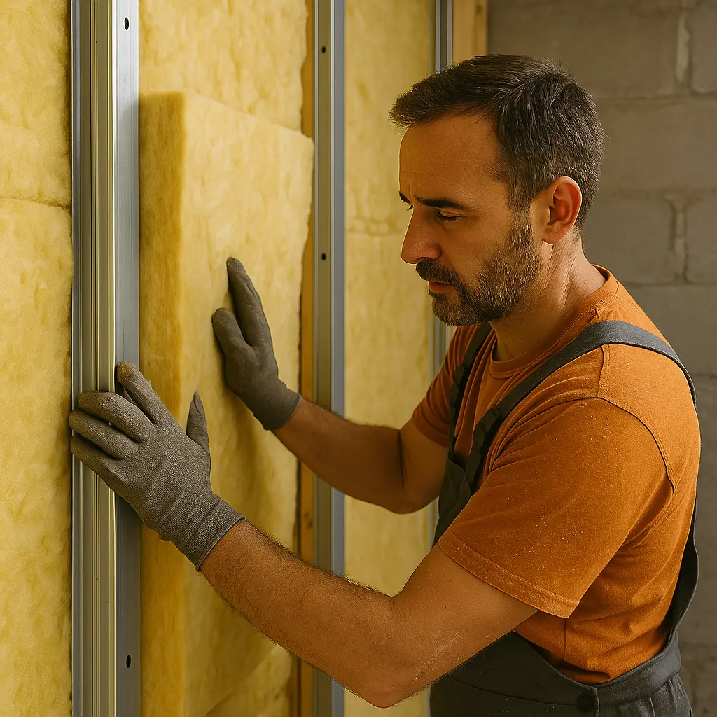 Trabajador de PROTOP instalando aislamiento de lana de roca entre perfiles de pladur en Cantabria