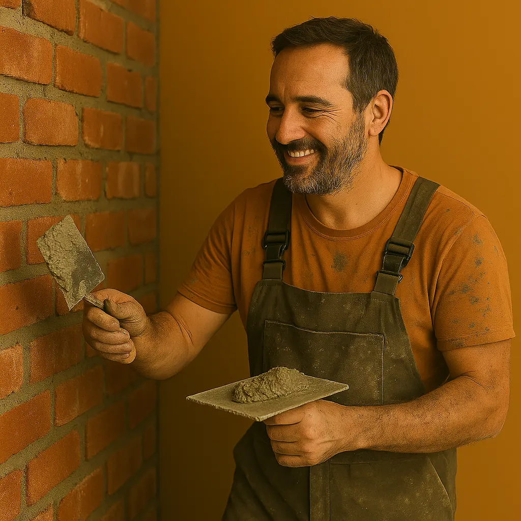 Albañil aplicando mortero sobre ladrillos durante reforma en Cantabria