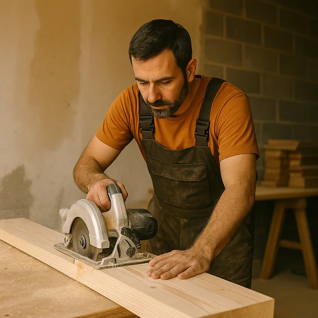 Carpintero de PROTOP cortando un tablón de madera en taller en Cantabria