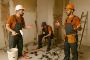Espacio en reforma con herramientas desordenadas y operarios esperando o discutiendo, muestra de descoordinación entre gremios – PROTOP