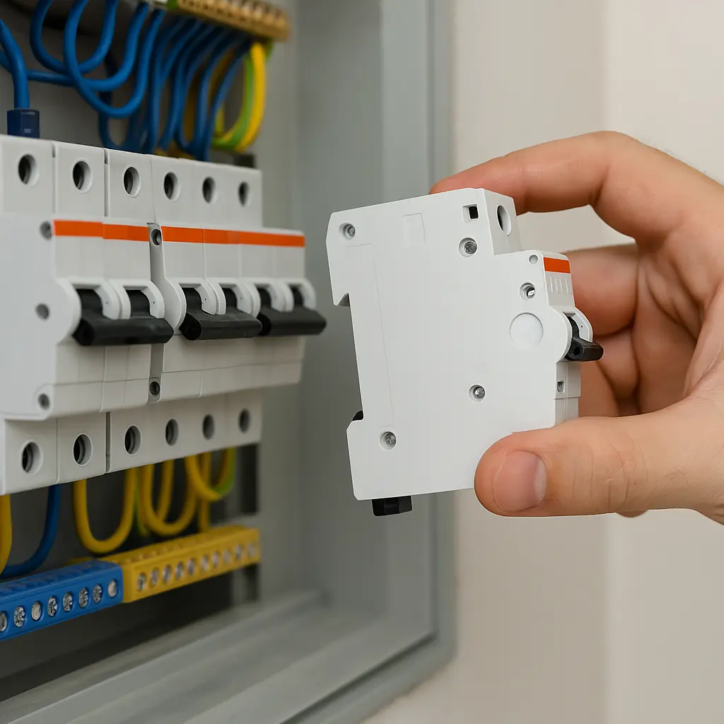 Electricista instalando un automático en cuadro eléctrico durante una instalación en Cantabria
