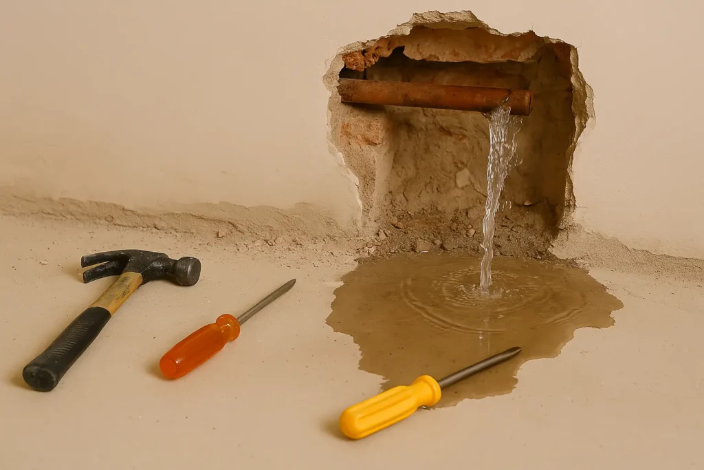 Tubería oxidada con fuga de agua saliendo de una pared rota, herramientas en el suelo y charco en el suelo – imprevisto en reforma PROTOP