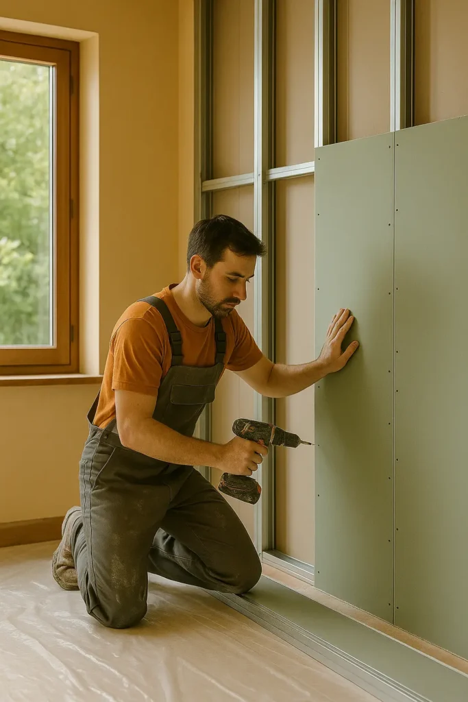 Trabajador instalando paneles de pladur en habitación en Cantabria