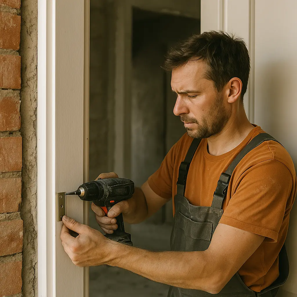 Carpintero de PROTOP instalando puerta de madera en vivienda de Cantabria