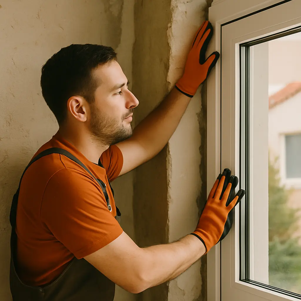Trabajador de PROTOP instalando ventana de aluminio y PVC en vivienda de Cantabria