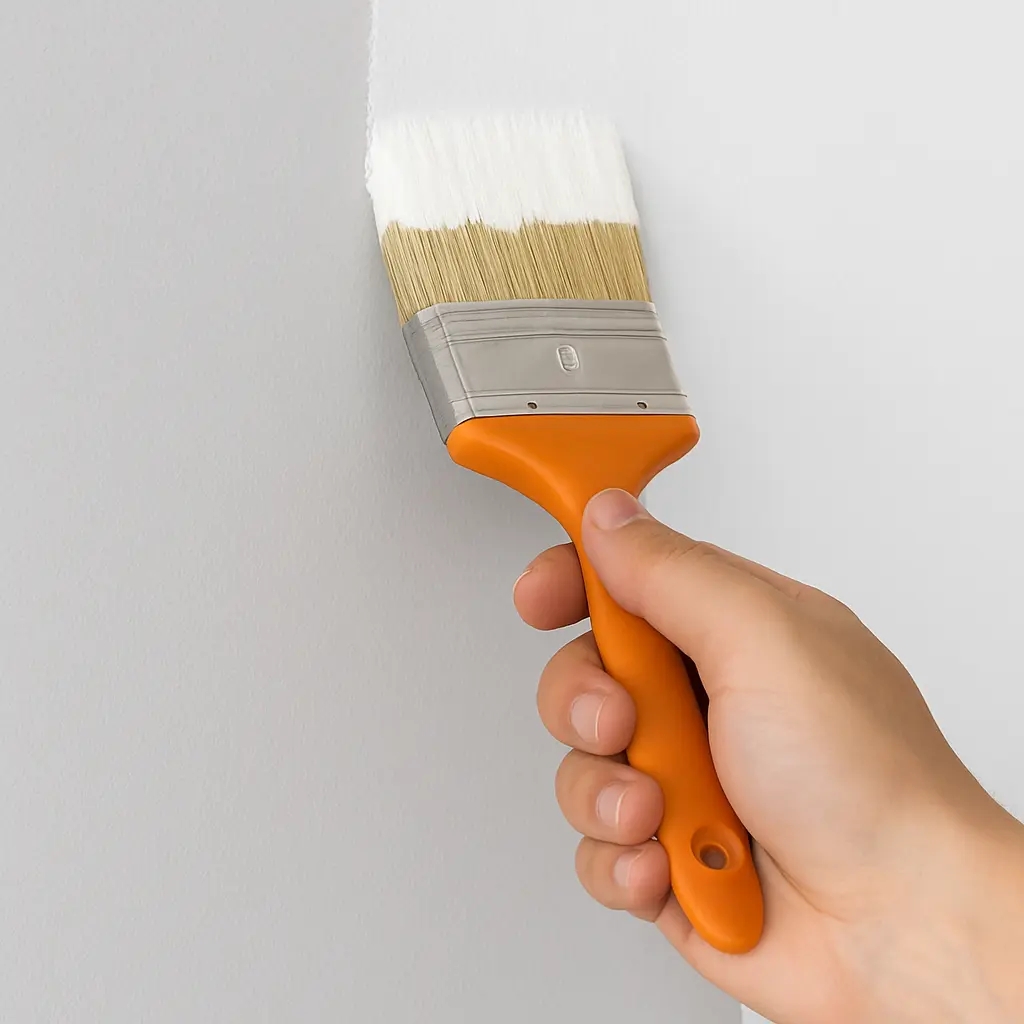Mano de un pintor aplicando pintura blanca con brocha sobre una pared gris en una reforma en Cantabria
