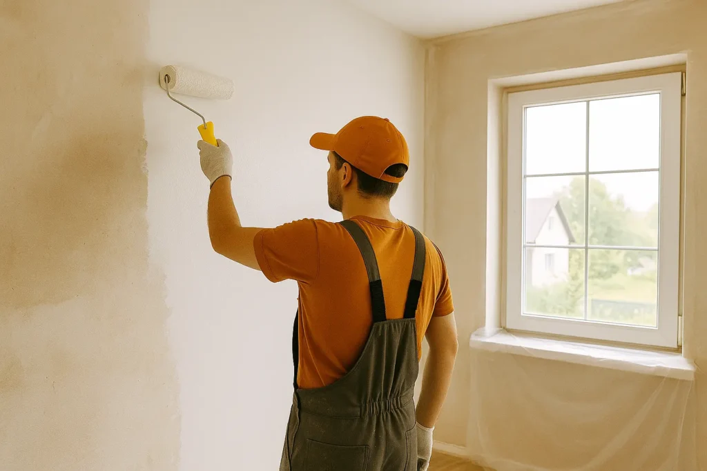 Pintor aplicando pintura blanca en una vivienda en proceso de reforma en Cantabria
