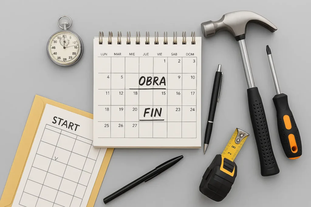 Calendario con fechas de inicio y fin de obra marcadas, cronómetro y herramientas de reforma sobre fondo gris – planificación en reformas PROTOP