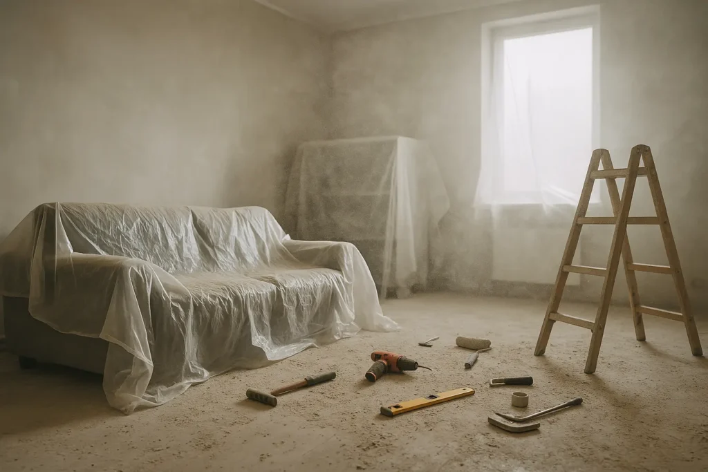 Habitación en reforma con polvo en suspensión, muebles cubiertos con plásticos y herramientas sobre el suelo – polvo de obra en reformas PROTOP