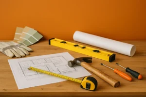 Herramientas de reforma, planos y cinta métrica sobre fondo naranja, listos para empezar una obra – Blog PROTOP