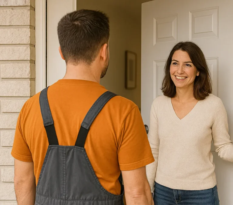 Profesional de reformas llegando a casa del cliente y siendo recibido con una sonrisa