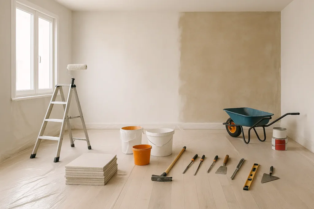 Espacio amplio en reforma con herramientas ordenadas, materiales apilados y ambiente limpio – obra bien planificada con PROTOP