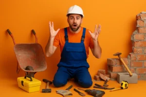Obrero sorprendido rodeado de herramientas y materiales de obra sobre fondo naranja – curiosidades sobre reformas en PROTOP