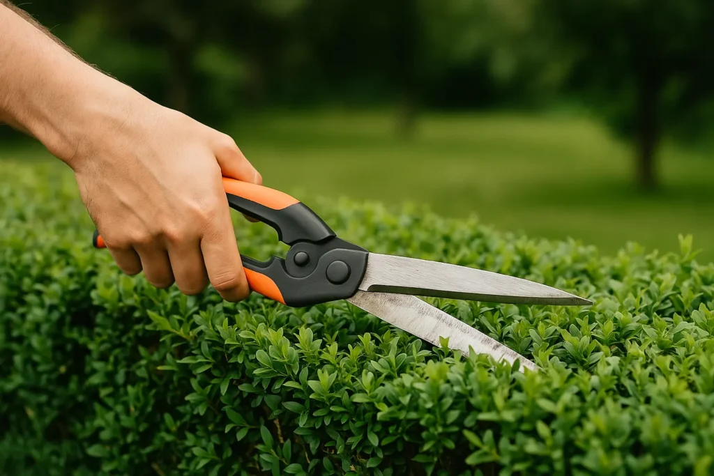Mano de jardinero podando un seto con tijeras en Cantabria