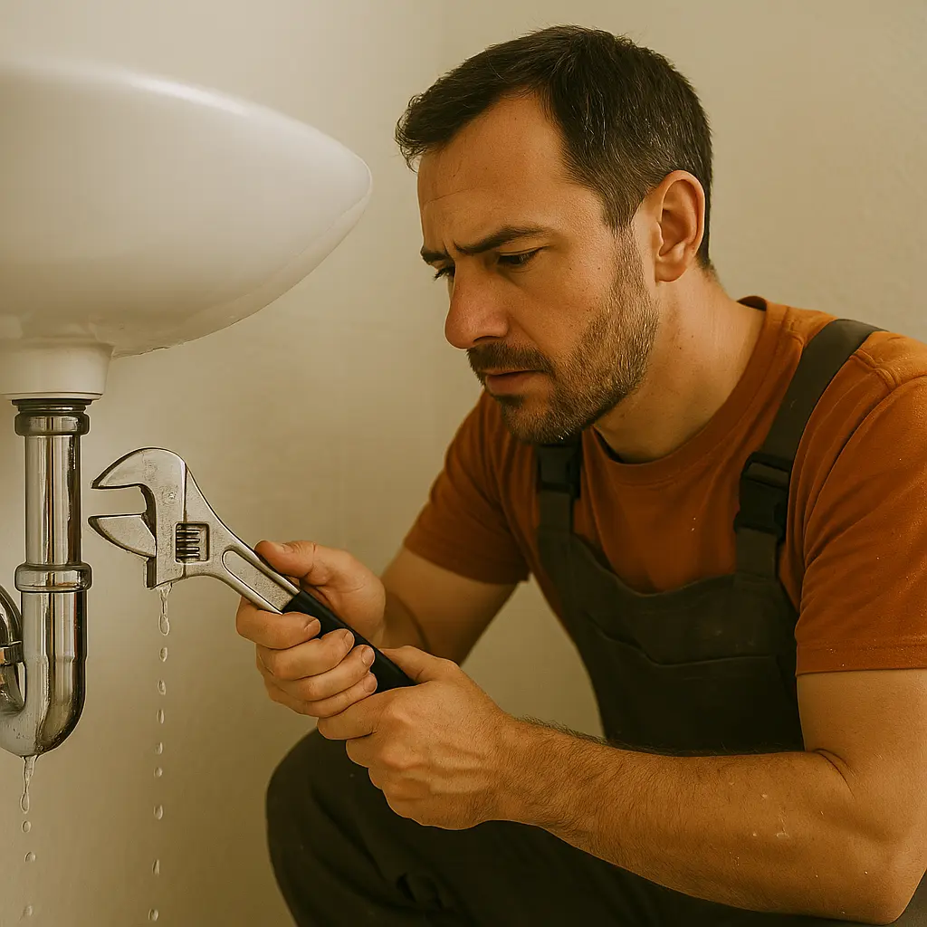 Técnico de PROTOP realizando reparación urgente con llave inglesa en vivienda de Cantabria